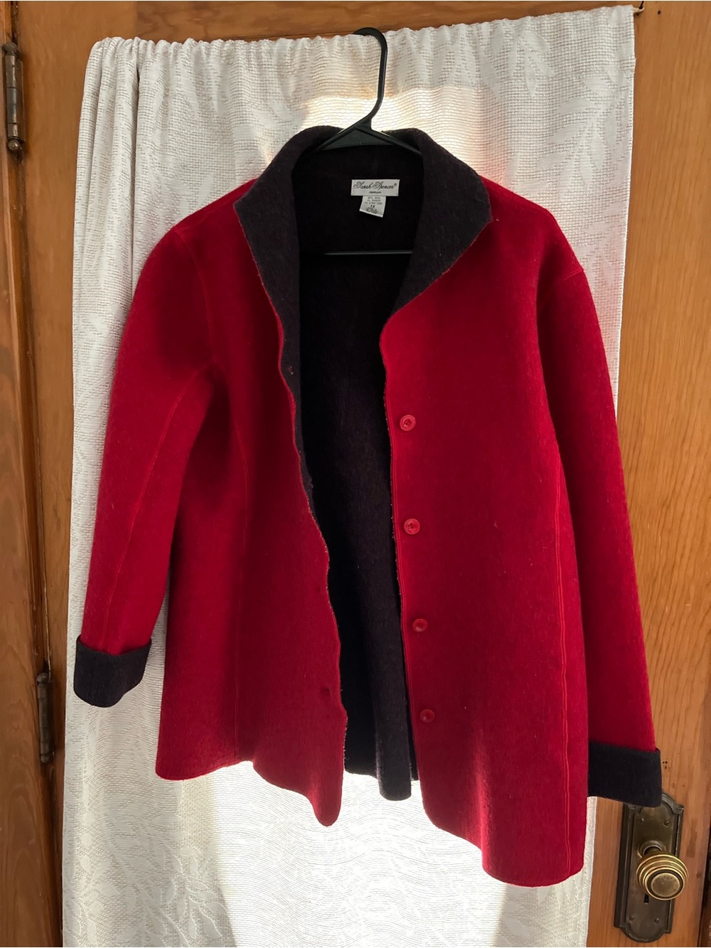 Sarah Spencer Red Wool Coat with Black Trim